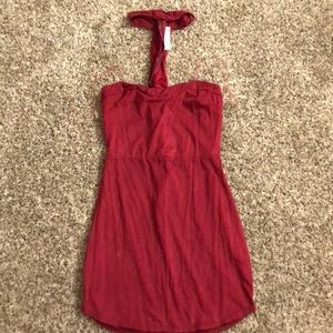 Red strapless dress with neck strap